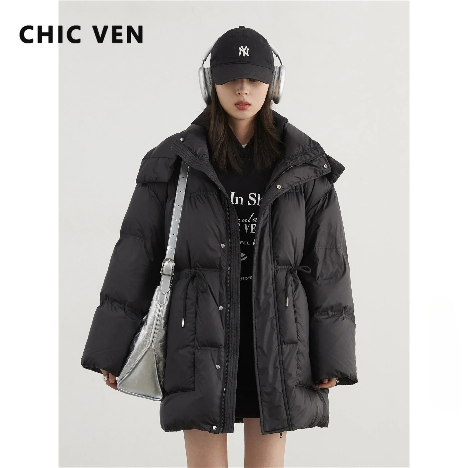 CHIC VEN Women Down Jacket Loose Solid Hooded Waist Puff Female Down Jacket Medium Long 90 White Duck Coat Winter 250917