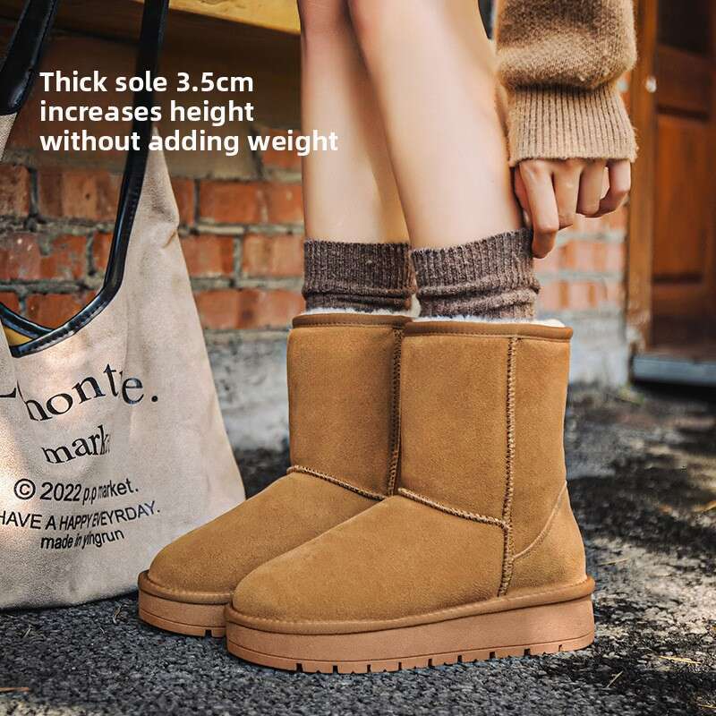 Sheepskin Thick-Soled Snow Boots for Women, Mid-Calf, Warm Fleece-Lined Winter New Cotton Shoes designer shoes