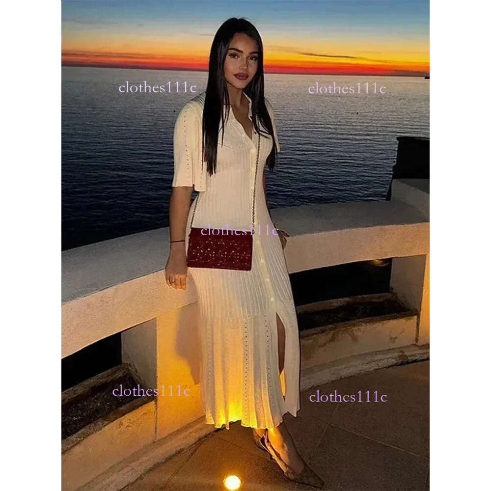 Chic Patchwork Knitted Maxi Dress For Women Elegant Short Sleeve Hollow Out Ribbed Long Dresses O-Neck High Waist Lady Knitwear 240828