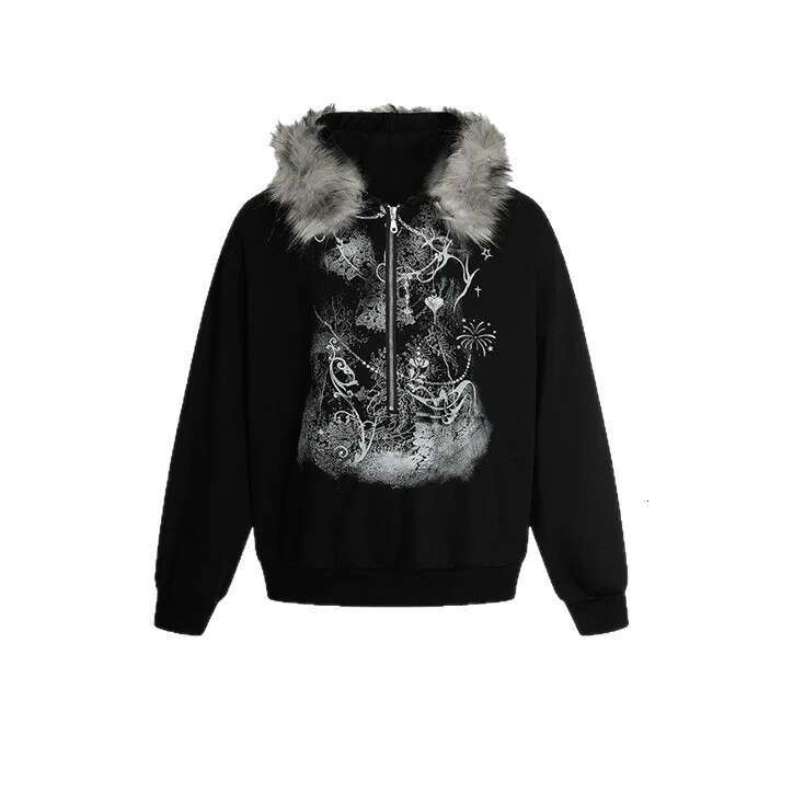 New Dark Striped Pattern Printed Fur Collar Hot Girl Trendy Zipper Cardigan Sweatshirt