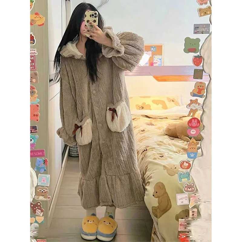 Hooded Robe for Women Sleepwear Nightdress Winter Night Wears Warm Fleece Pajama One Piece Nightgown Ruffle Long Sleeve Homewear Z250925