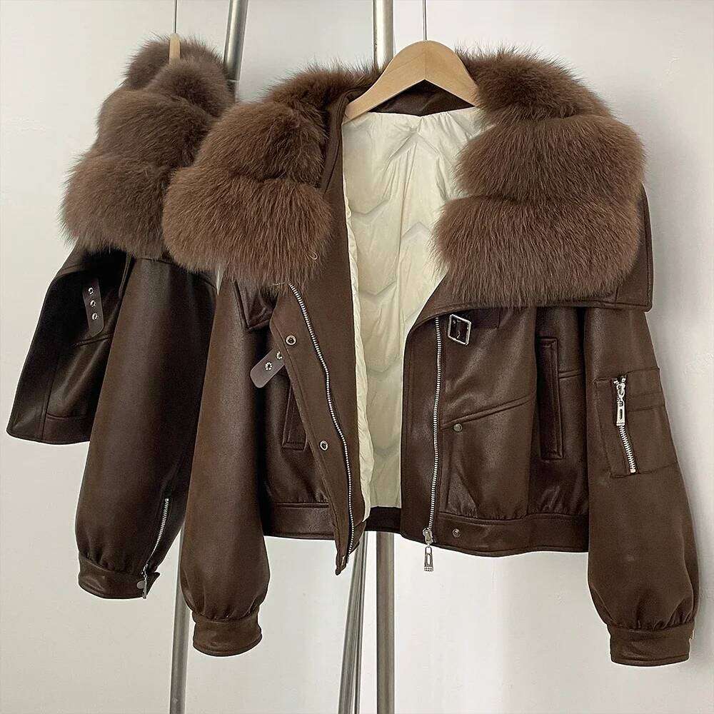 Winter Natural Fox Fur Collar Short Women Clothing Fluffy Puffer Suede Female Jacket Thick Duck Down Coat