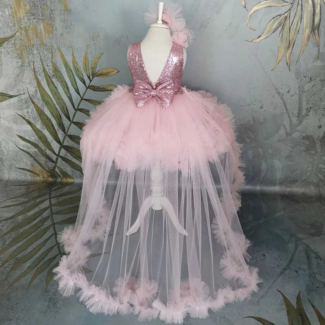 Customized Pink Flower Girl Dress Tulle Puffy Tiered Sequin With Bow And Trailing For Wedding Birthday Prom Party Banquet Gown Z250926
