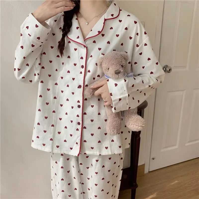 2 Piece Set Large Size Nightwear Women Autumn and Winter Cardigan Homewear Ladies Peach Heart Long Sleeves School Sleepwear Z250925