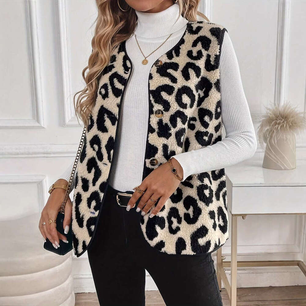2025 Autumn Winter Cross-Border European and American New Leopard Print Front Button Plush Fashion Vest S8086
