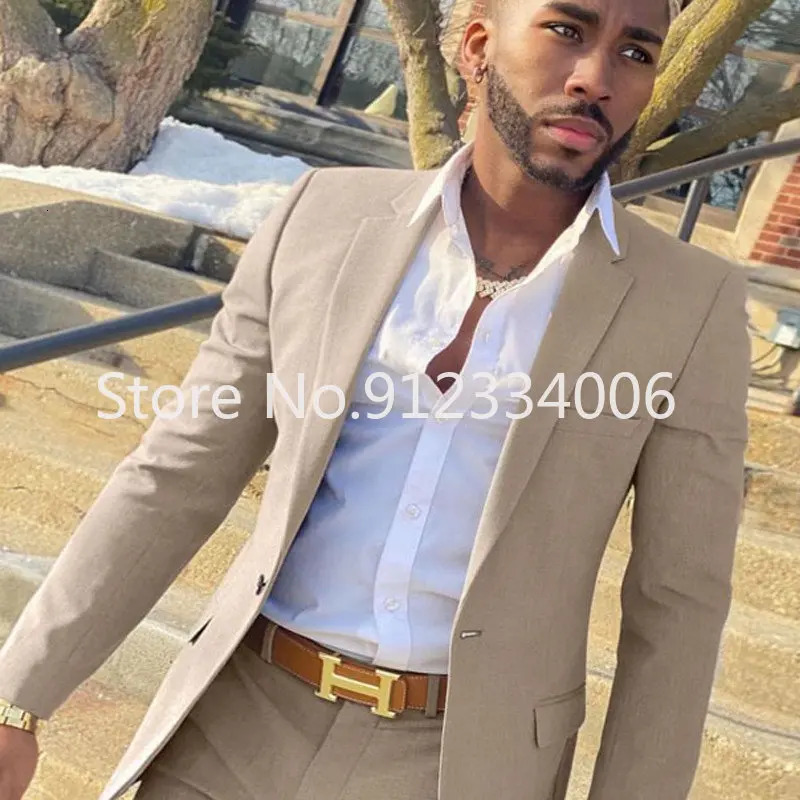 2 Pieces Beige Suit for Men Slim Fit Wedding Groom Tuxedo Groomsmen Suits Male Fashion Smoking Costume Homme Blazer with Pants 250922 - view 3