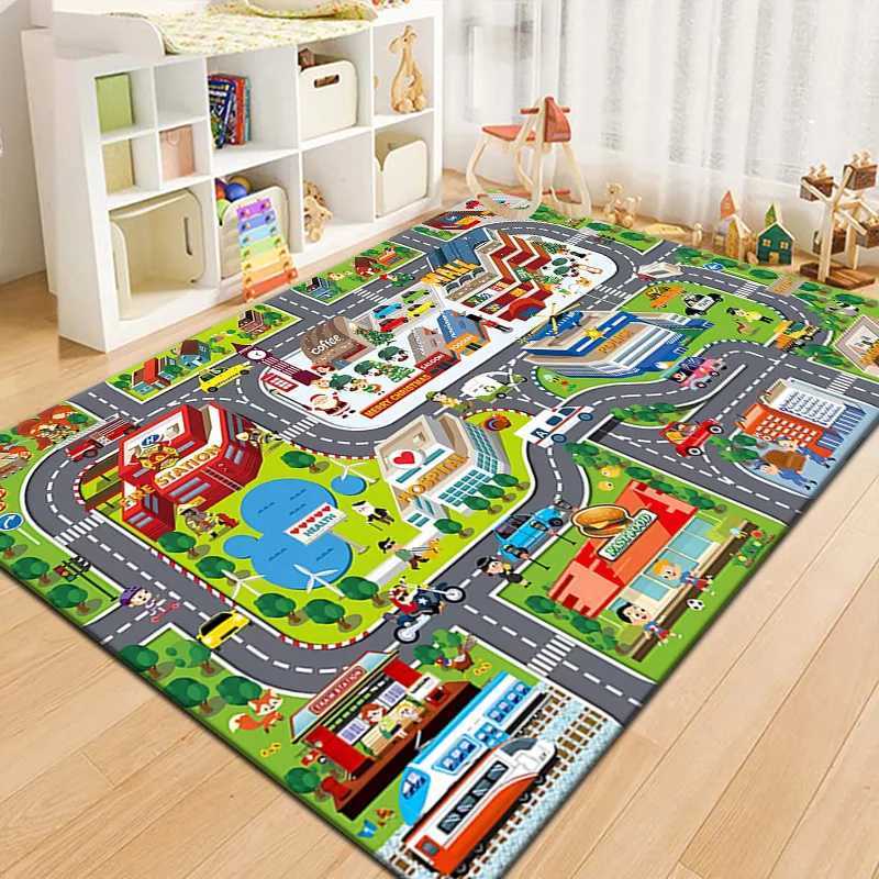 Cartoon Track Traffic System NonSlip Rug for Home Living Room Decor Kids Room Balcony Bedside Educated Fun and Safe Floor Mat C250926