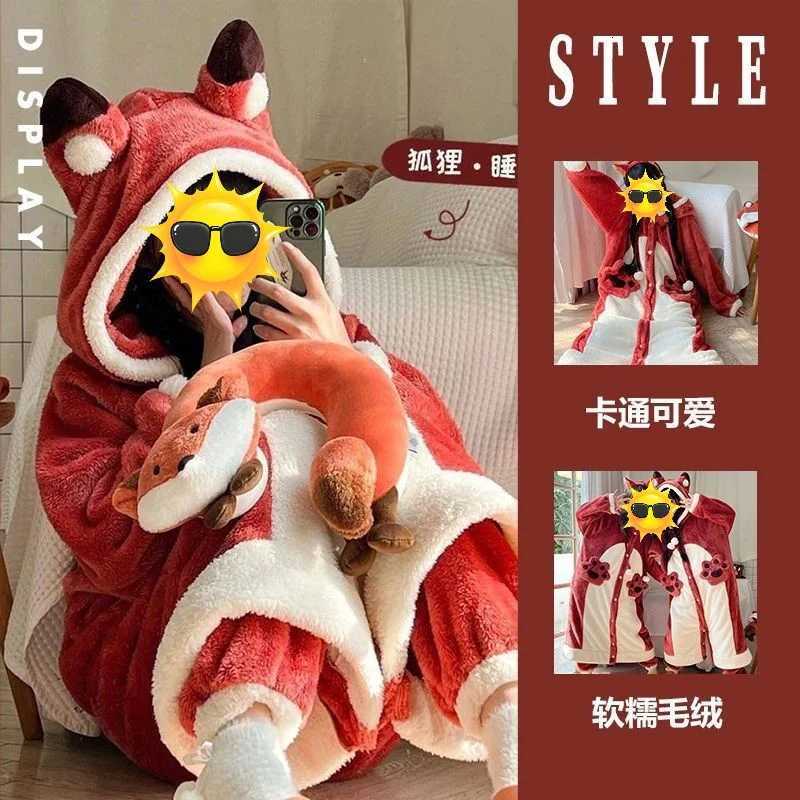 Cartoon Animal Fox Pajamas Womens Winter Coral Fleece Thickened OnePiece Plush Cute Long Hooded plus Size Robe Home wear Z250925