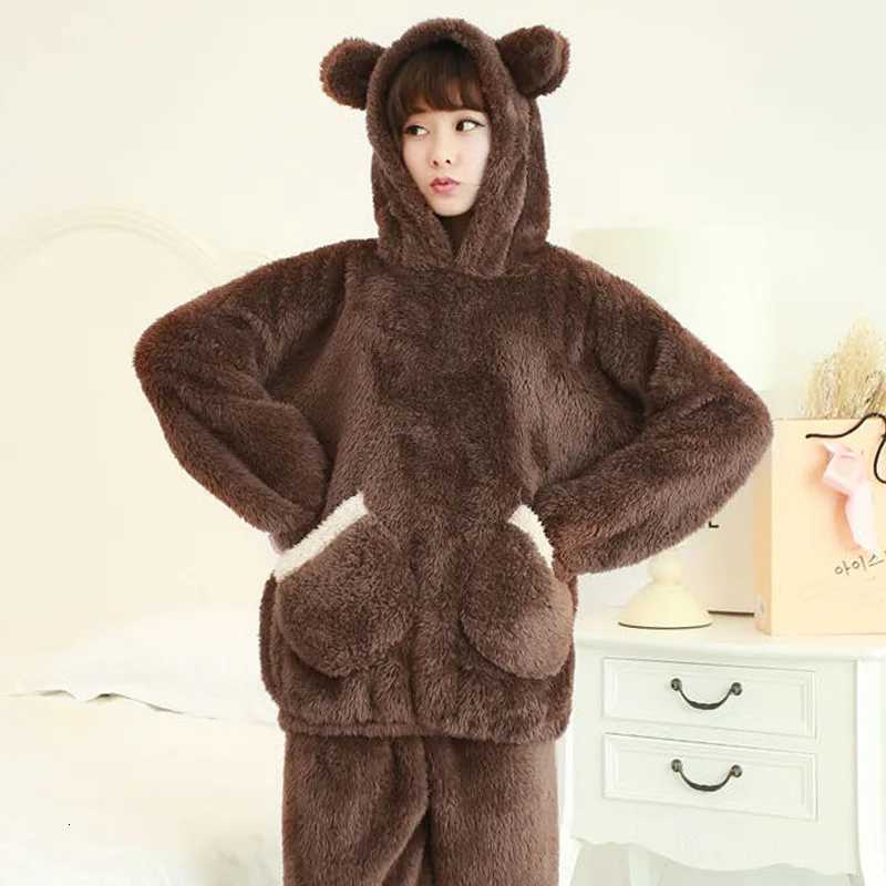 Thickened Warm Autumn Winter Women Cartoon Plush Hooded Bear Sleepwear Ladies Flannel Homewear Set Solid Nightwear Loungewear Z250925