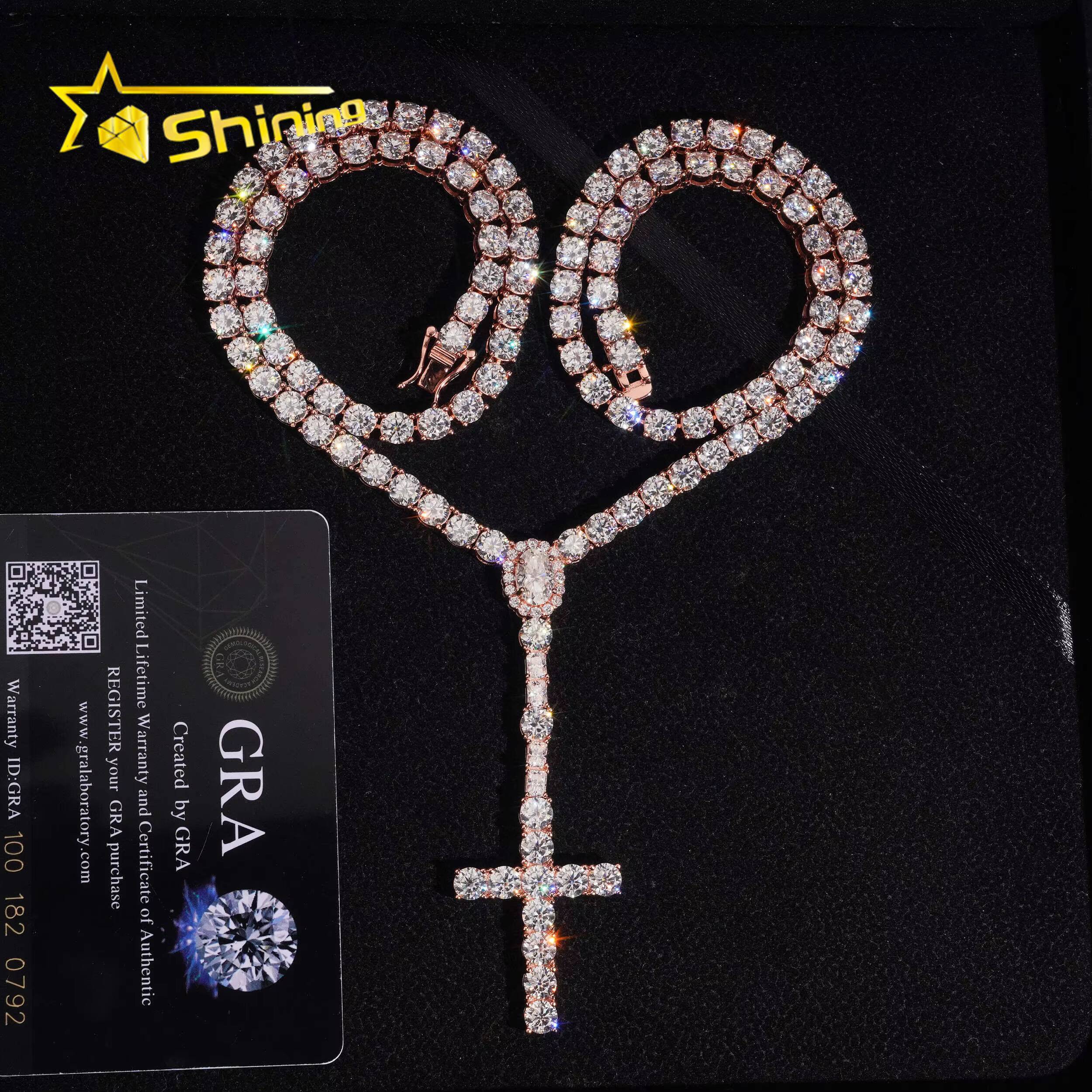 Hot Sale 5mm Moissanite Tennis Chain Necklace 925 Sterling Silver Gold Plated Pass Diamond Test Moissanite Cross Charm Necklace