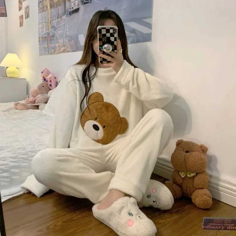 Women Autumn Winter Warm Flannel Female Pajamas Sets Thick Coral Velvet Long Sleeve Cartoon Sleepwear Sweet Solid Homewear 2XL Z250925