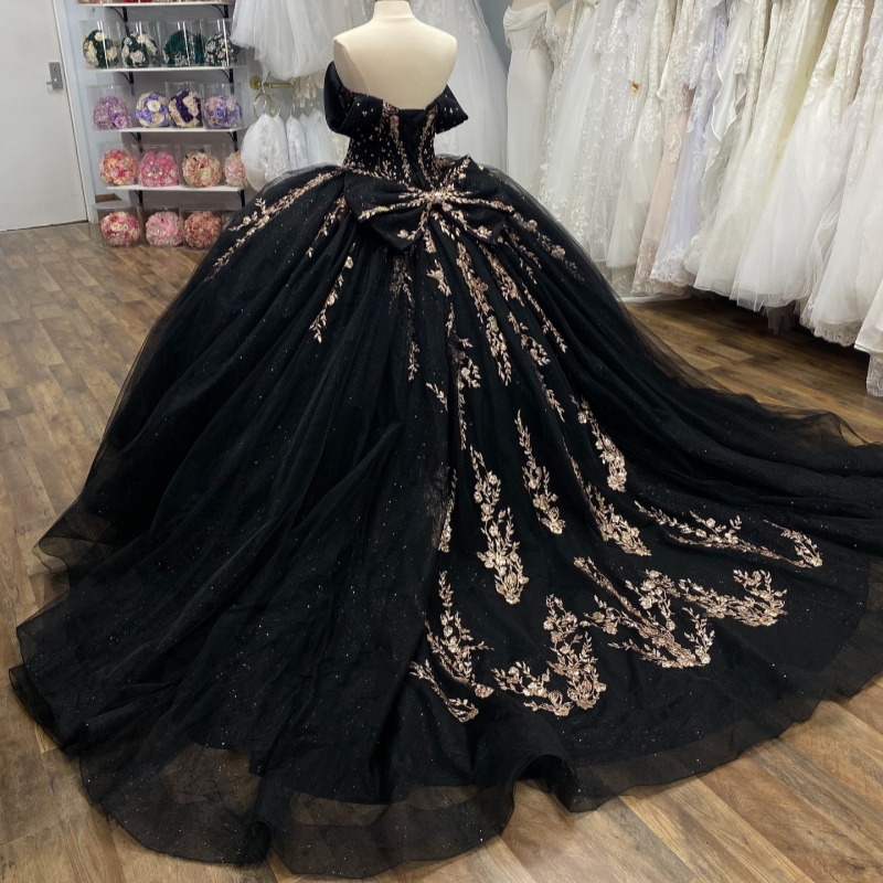 Black Shiny Quinceanera Dresses Off The Shoulder Gold Applique Lace Beading Crystal Bow Corset Tull Party Birthday Sweet 16 Dress Vestidos 15 De Anos