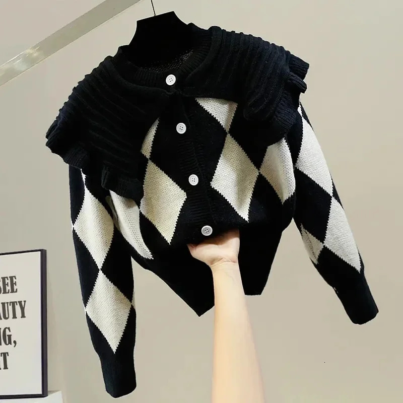 Diamond Plaid Ruffles Acrylic Knitted Peter pan Collar Womens Cardigan Single Breasted Sweater Cardigan For Women Clothing 250922