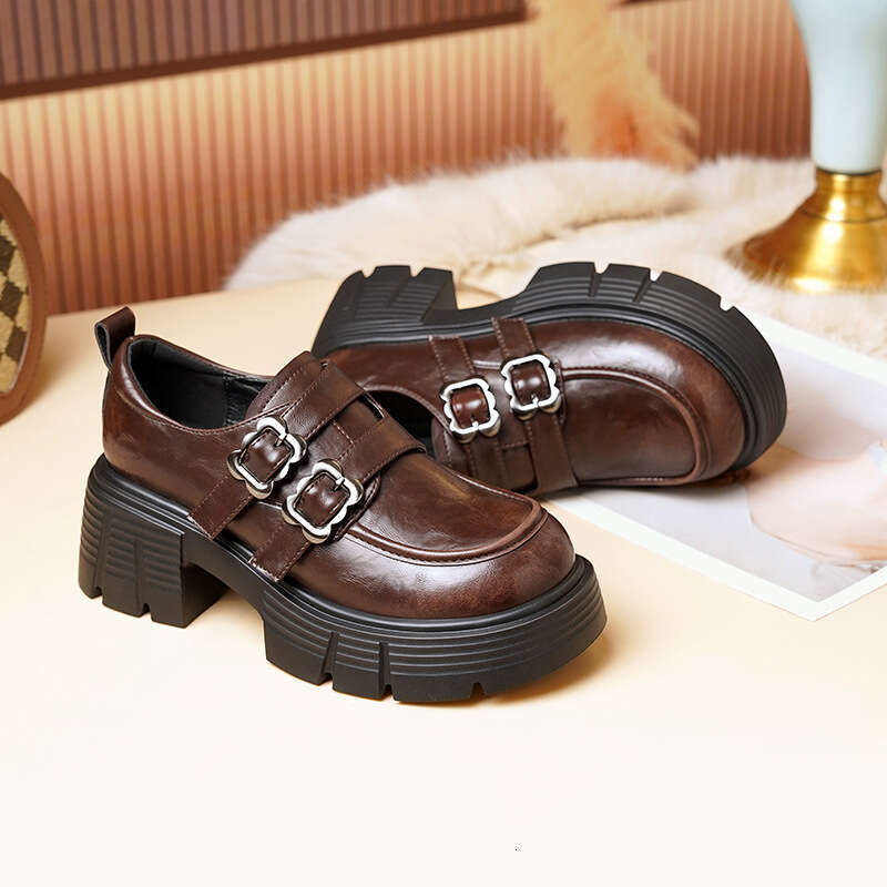 British Style Women's Loafers Designer Shoe with Belt Buckle Velcro, Thick Sole Chunky Heel New for Autumn and Winter 2025