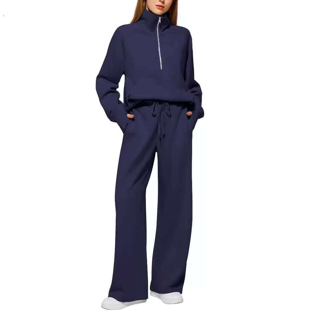 2025 European and American Style Women's Two-Piece Oversized Half-Zip Sweatshirt Wide-Leg Sweatpants Casual Set