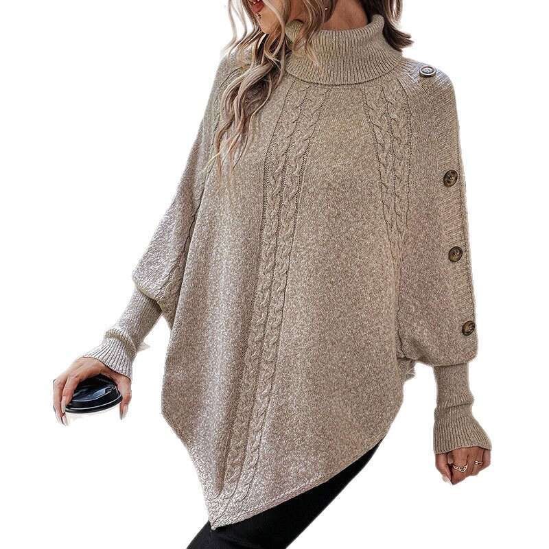 Autumn Winter New Sweater Women's Knitted Fashion Cable Knit High Neck Button Batwing Sleeve Top