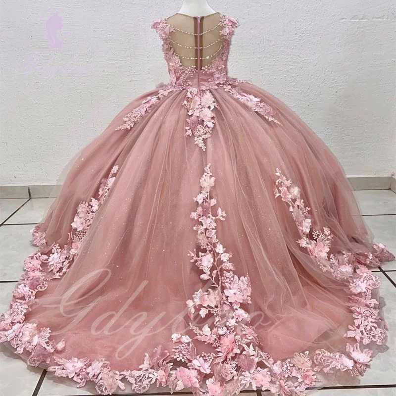 Pink Tulle Flower Girl Dress For Wedding Puffy 3d Applique Floor Length Kids Birthday Pageant First Communion Baby Ball Gown Z250926