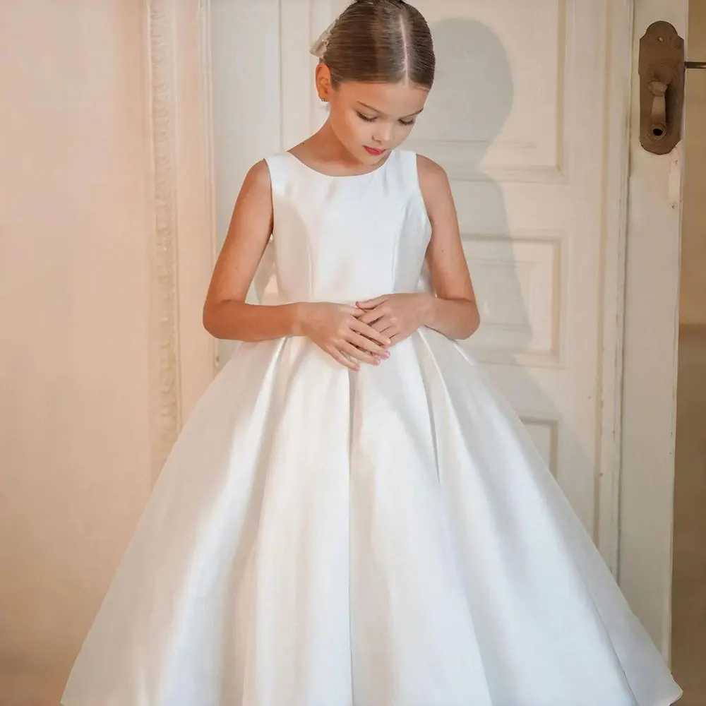 White Satin Flower Girl Dress For Wedding Floor Length with Bow Kids Birthday First Communion Party Dress Ball Gown 2024 Z250926