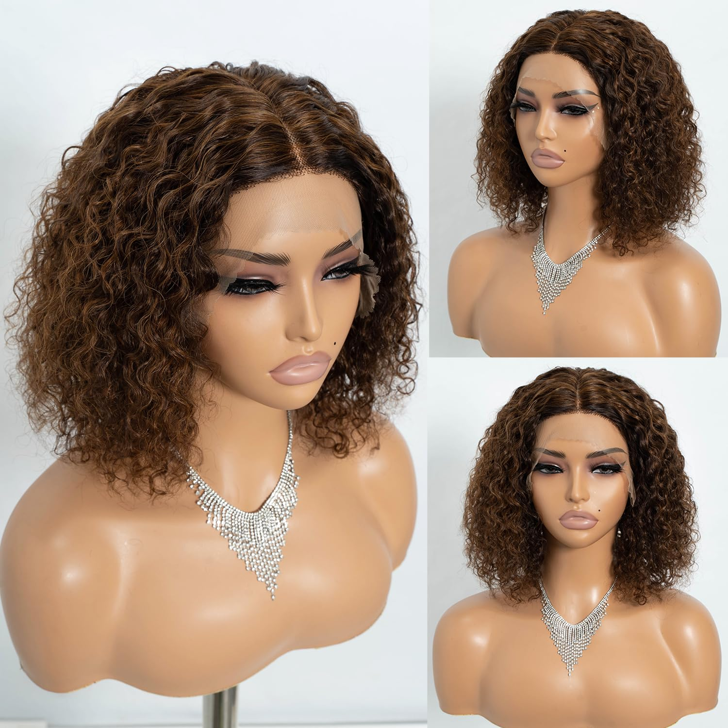 Chocolate Brown Bob Wig Human Hair 13x4 Deep Curly Wave Lace Frontal 4# Colored 180 Density Short Wigs for Women Pre Plucked with Baby Hair Natural Ha