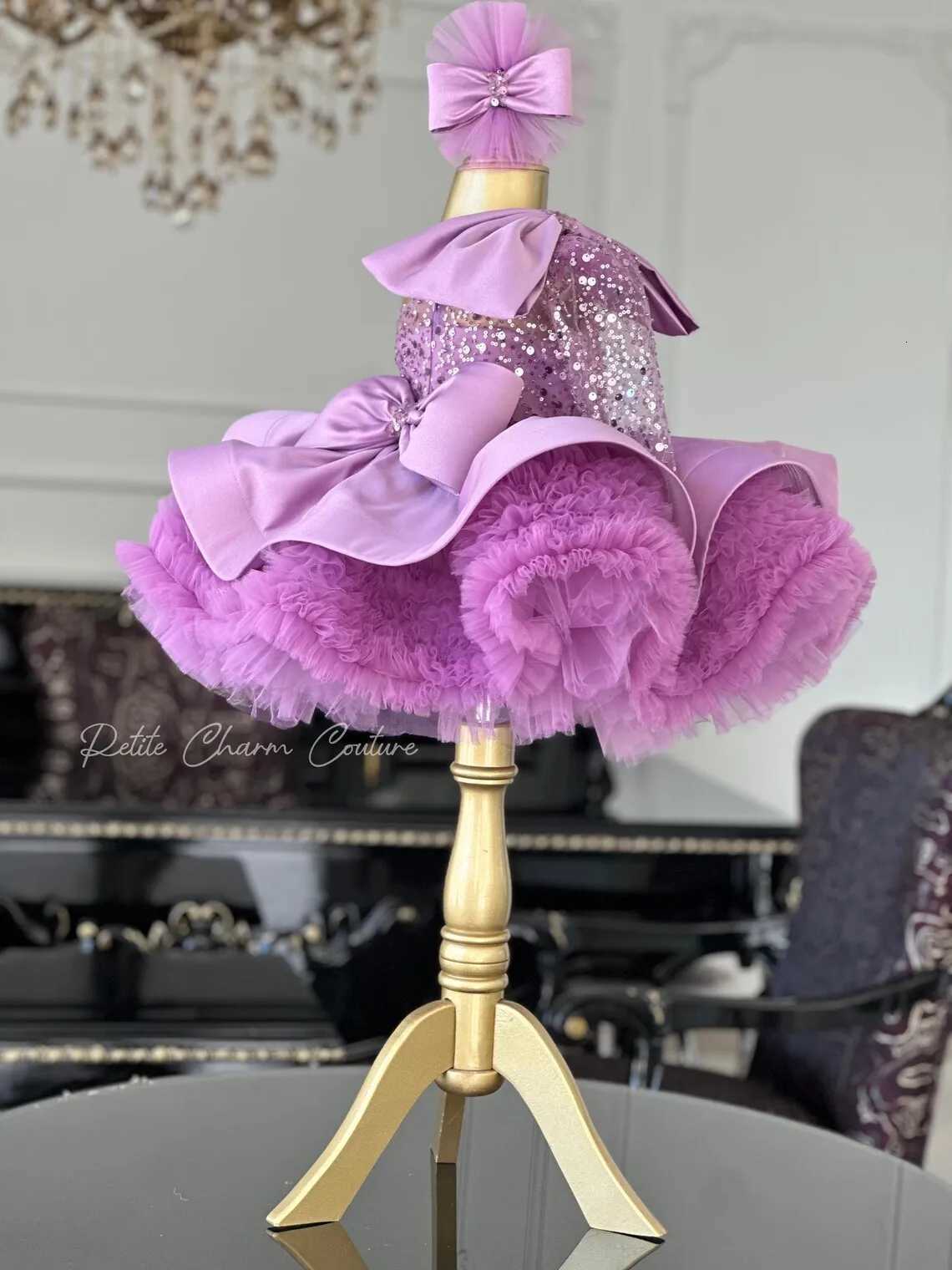 Puffy Short Glitter One Shoulder Toddler Birthday Party Dresses Lavender Tulle Bow First Pageant Princess Flower Girl Dresses Z250926