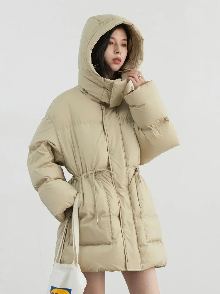 CHIC VEN Women Down Jacket Loose Solid Hooded Waist Puff Female Down Jacket Medium Long 90 White Duck Coat Winter 250917
