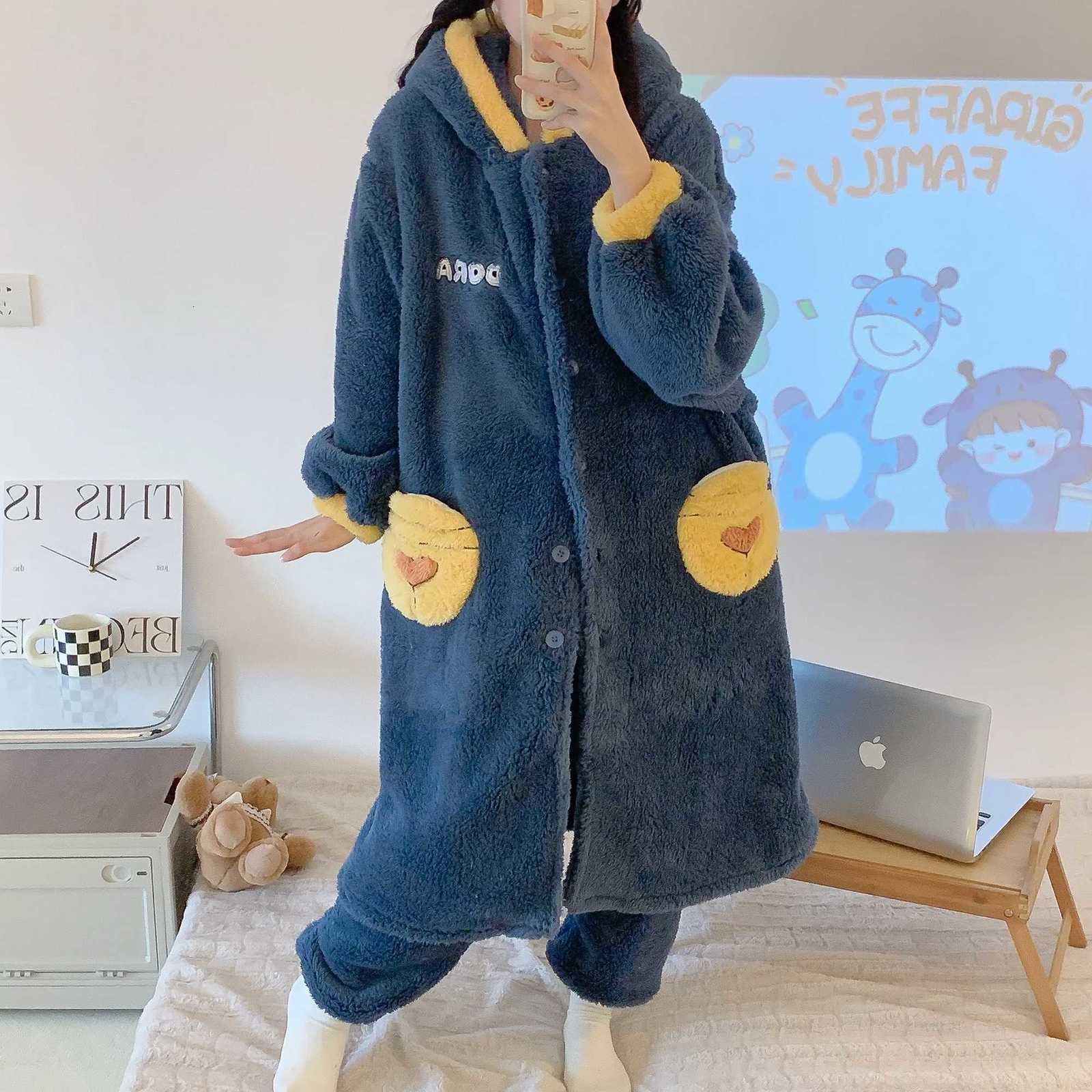 Winter Coral Fleece Warm Sleepwear Womens Pajamas With Pants Nightgown Kawaii Casual Hooded Homewear Robe Plush Bathrobe Sets Z250925