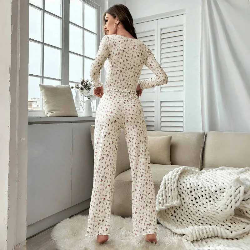 Sleepwear Women Floral Print Lettuce Trim Top with Long Pant Lovely Loungewear Full Sleeve Nightwear Spring Autumn Pajamas Set Z250925