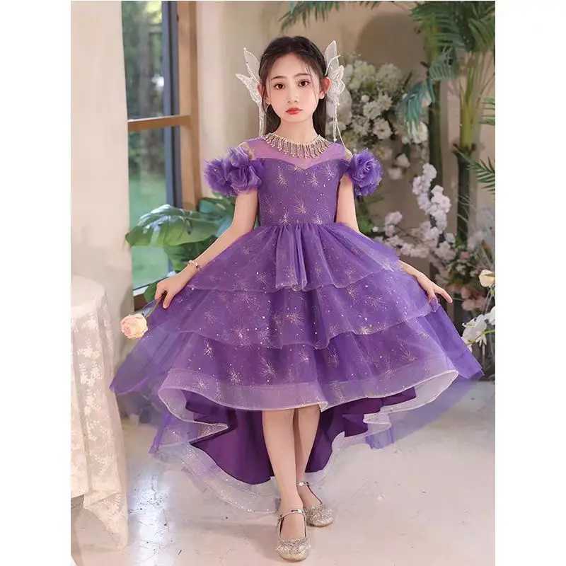 New girl purple dress sweet front short back long sweet princess dress host flower girl wedding piano performance dress Z250926