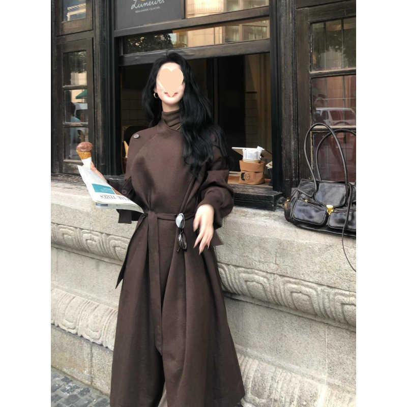 Hepburn Sle HighEnd Long Coat Elegant Tie Waist Brown Trench Coat for Women W250926