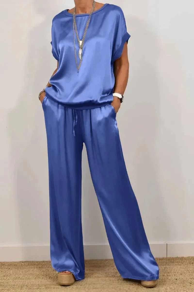 Casual Loose Satin T Shirt Pants Two Piece Set Fashion Oneck Short Sleeve Shirts Suit Spring Summer Wide Leg Pant Sets 250906