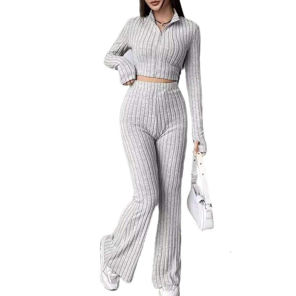Fashion Solid Color Ribbed Two-Piece Zipper Long Sleeve Short Top and High Waist Flared Pants Set for Women Casual
