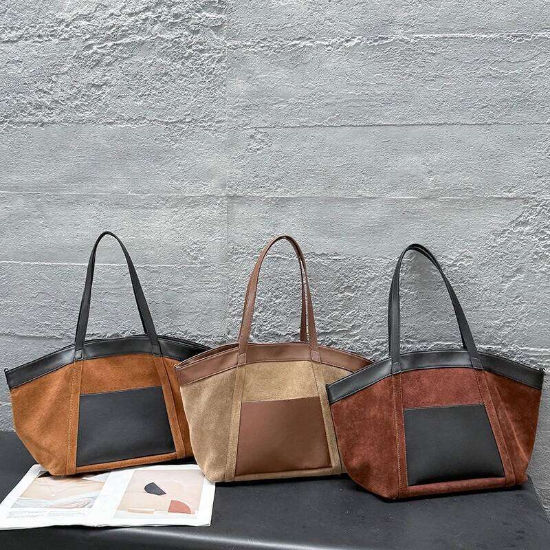 Winter Women's Natural Suede Bags Ladies Soft Genuine Cowhide Leather Crossbody Spliced Bat Bag Large Capacity Handbag Suotong2509