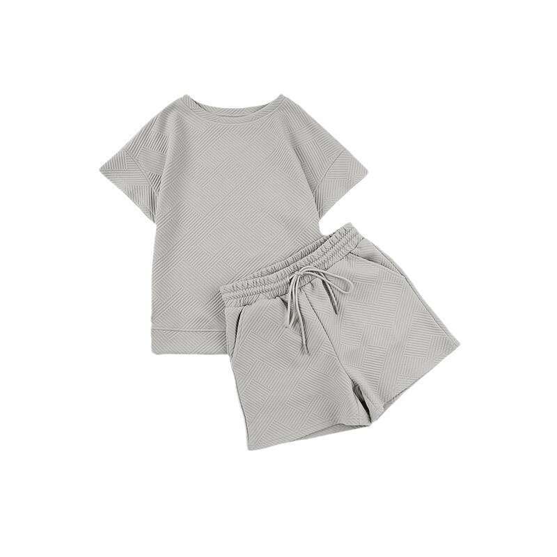 2025 Solid Color Round Neck Short Sleeve Top Spring Summer New Textured Fabric Fashion Shorts Set