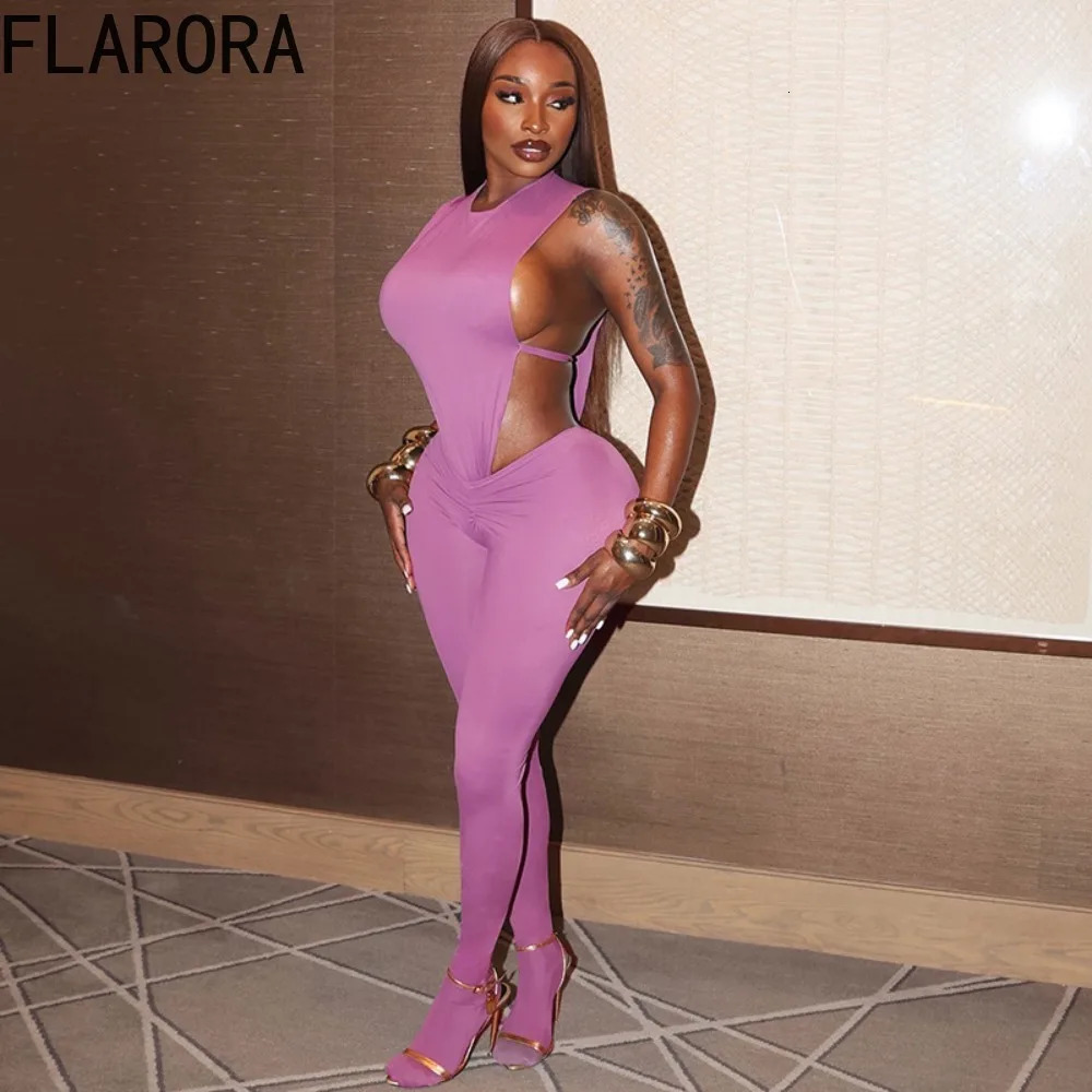 FLARORA Sexy Hollow Out Backless 2 Piece Set Woman Round Neck Sleeveless Fold Bodysuits And Skinny Pants Outfits Party Clubwear 250922