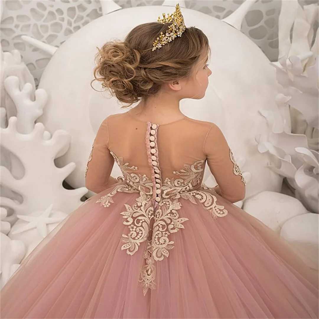 Lace Applique Girls Pageant Dress Tulle Long Sleeves Flower Girl Dress Sccop Tulle Princess Brithday Gowns Long Ball Gown Girl D Z250926