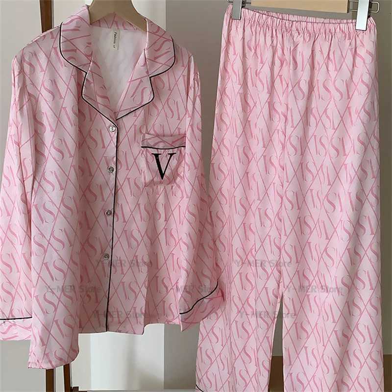 Green Print Pajamas Set Long Sleeve Sleepwear Women Luxury Rayon Home Clothes V Letter Loungewear Pijama Mujer 2Pcs Nightwear Z250925