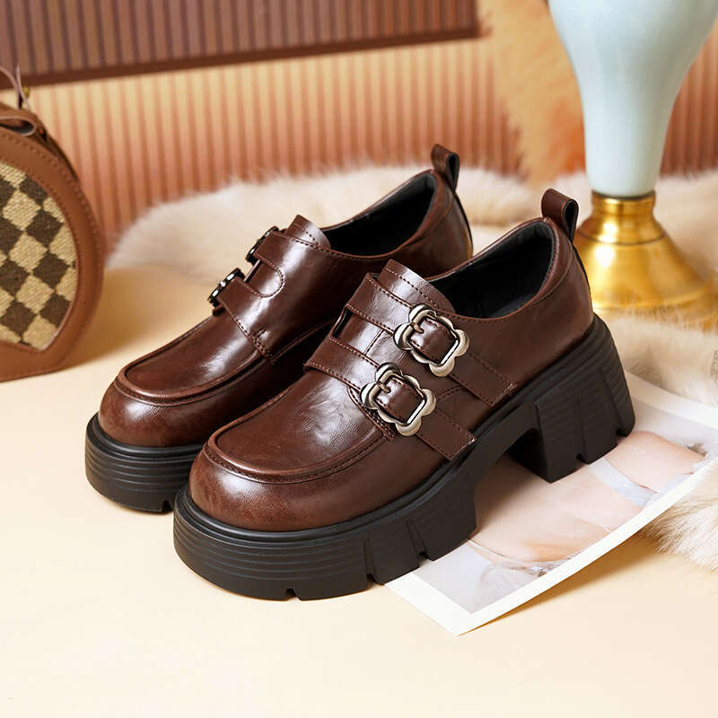 British Style Women's Loafers Designer Shoe with Belt Buckle Velcro, Thick Sole Chunky Heel New for Autumn and Winter 2025
