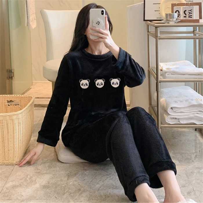 Winter New Flannel Warm Pajamas for Wome Thickening Round Neck Long Sleeve Outfits for Women 2 Piece Set Cute Printing Home Wear Z250925