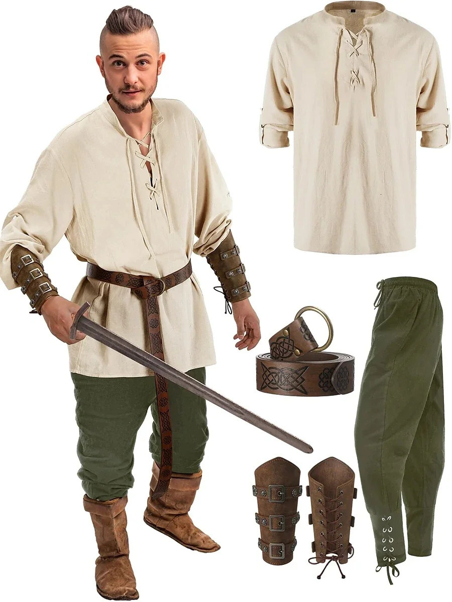 Retro Vintage Medieval Renaissance Pants Outfits Waist Belt Shirt Arm Guards Pirate Mens Cosplay Costume Halloween250920