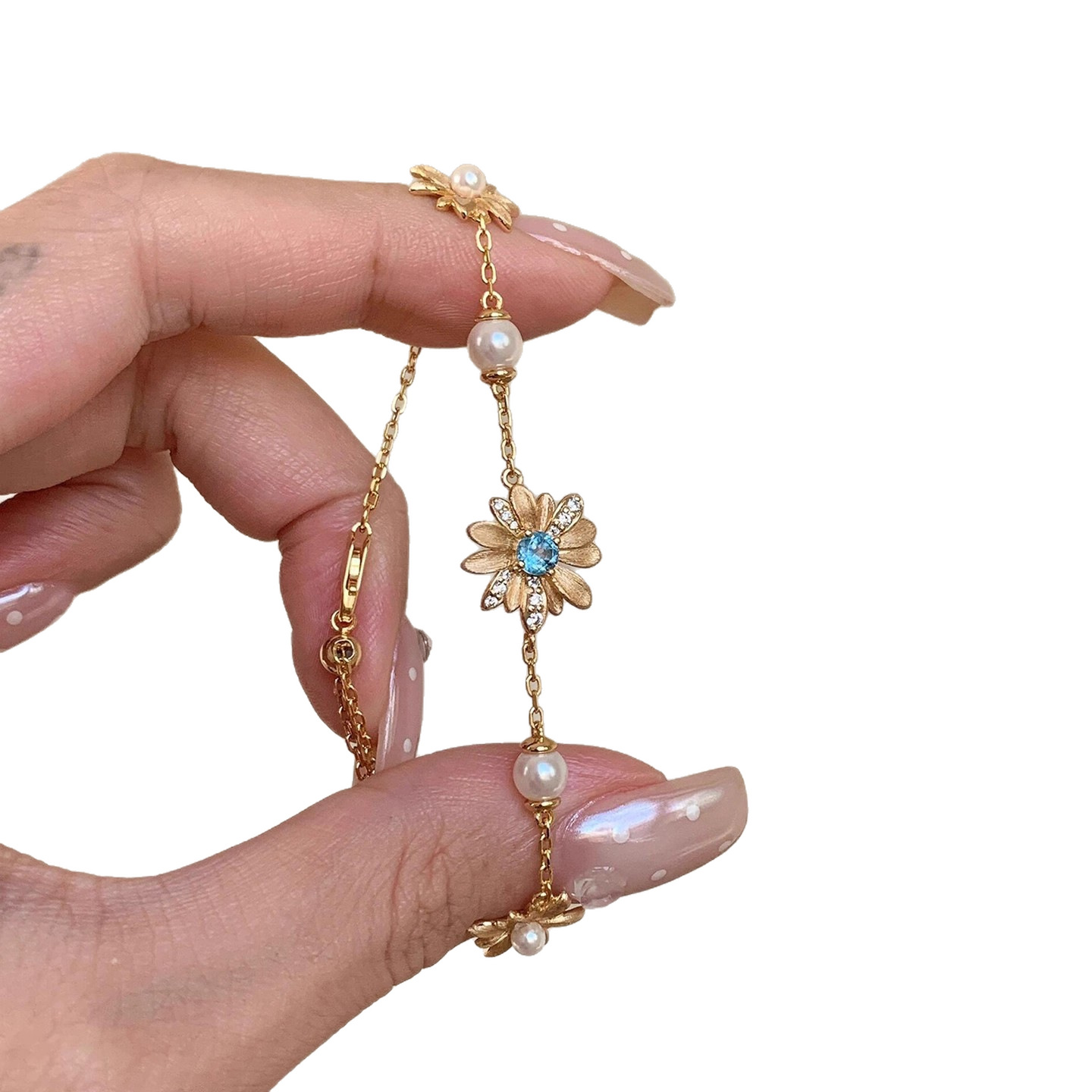 Vintage Gold Sparkling Dia Small Daisy Pearl Bracelet Light High-end Feel Micro-inlaid Zirconia Layered Jewelry - view 6