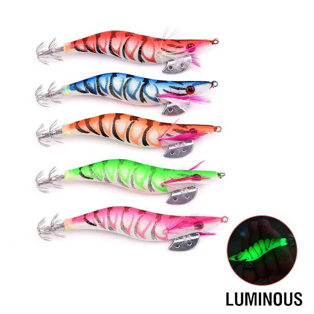 5pcslot Fishing Wood Shrimp Luminous Squid Octopus Lure 3D Eyes Fishing Lure Hard Bait Wobbr Squid Jig Lure W250926