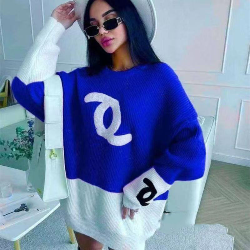 Women's Sweaters Autumn And Winter Loose Knit Sweater Pullover Round Neck Geometric Clash Jacquard Casual Jumper Asian size