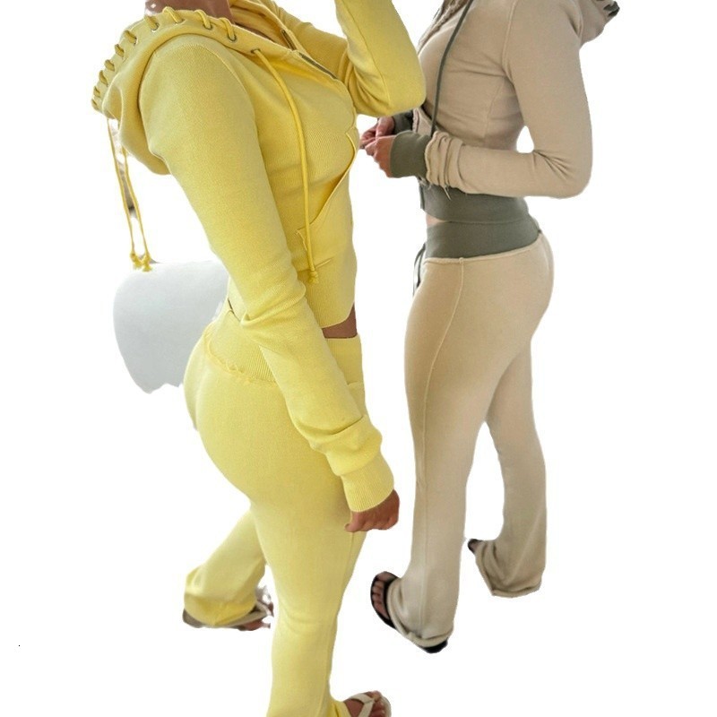 Leosoxs Patchwork 2 Piece Set Tracksuit Women Zip Wide Waist Crop Hooded Pocket Jacket Sporty Pants Matching Casual Basic Suit 250712
