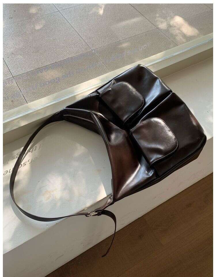 Fall And Winter Korean Customized Double Pockets Lazy Soft Leather Shoulder Large Casual Satchel Fashionable Versatile Leisure Daily