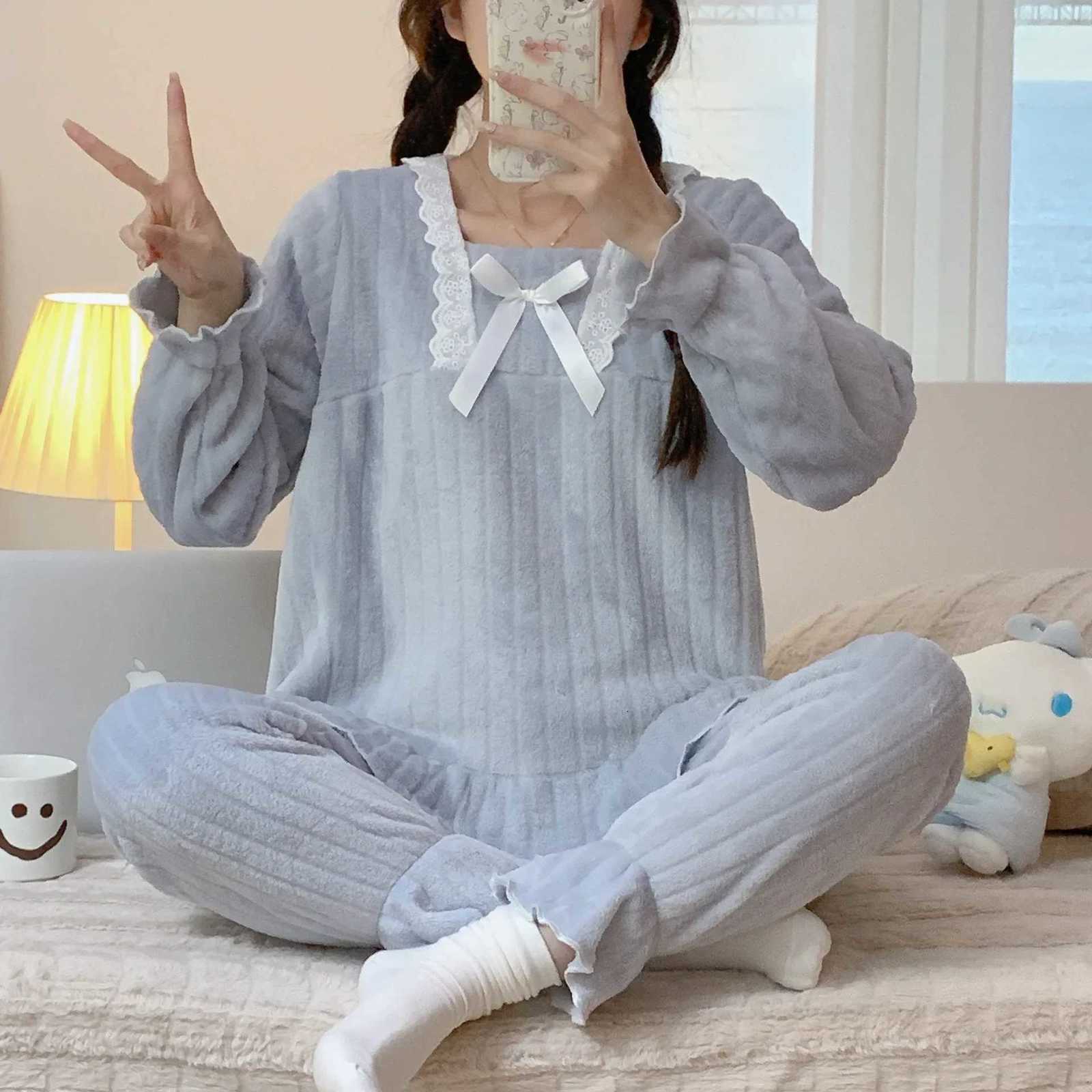 Princess Sweet Flannel Pajamas Womens Autumn Winter Warm FleeceLined Square Collar Pure Desire Loose Fit Homewear Z250925