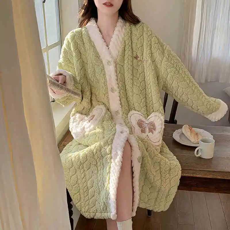 Warm Nightgown Flannel Robe Warm Bathrobe Womens Long Sleeve Pajamas Long Robes Thick Loungewear Flower Coral Fleece Cardigan Z250925
