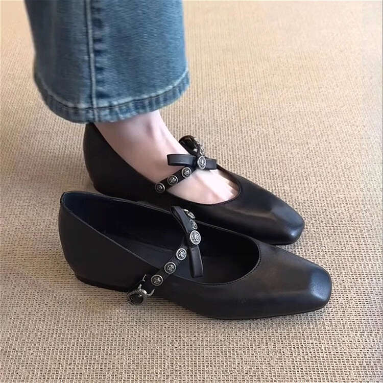 2025 Spring Soft Leather French Style Designer Shoe Women's Flat Bowknot Shallow Ballet Small Square Toe Mary Jane Shoes