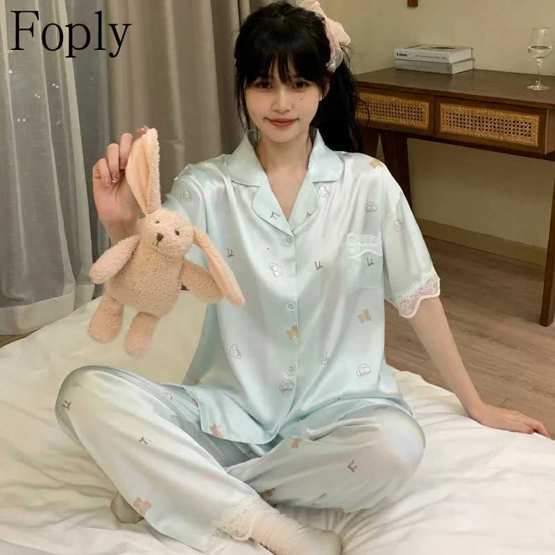 Cartoon Print Women Pajamas Set Spring Summer 2 Piece Pyjama Satin Silk Sleepwear Shortsleeve Top Pants Pijama Pjs Loungewear Z250925