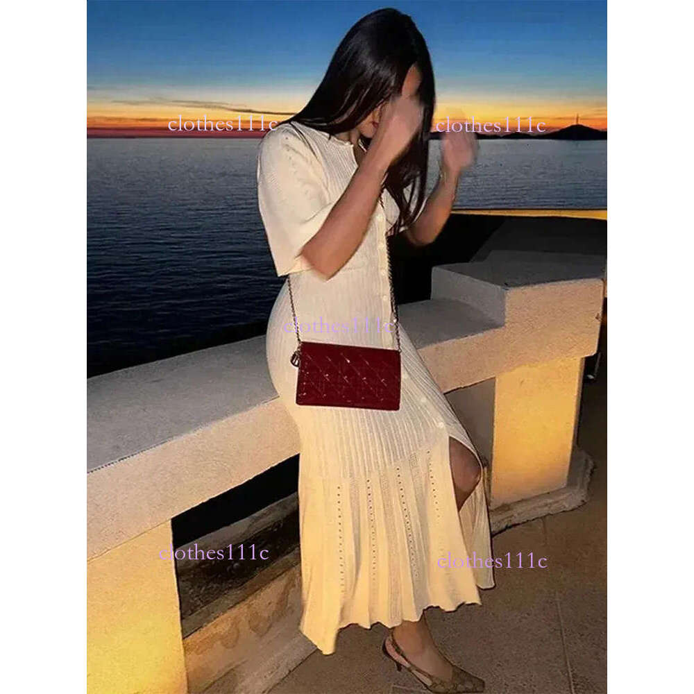 Chic Patchwork Knitted Maxi Dress For Women Elegant Short Sleeve Hollow Out Ribbed Long Dresses O-Neck High Waist Lady Knitwear 240828
