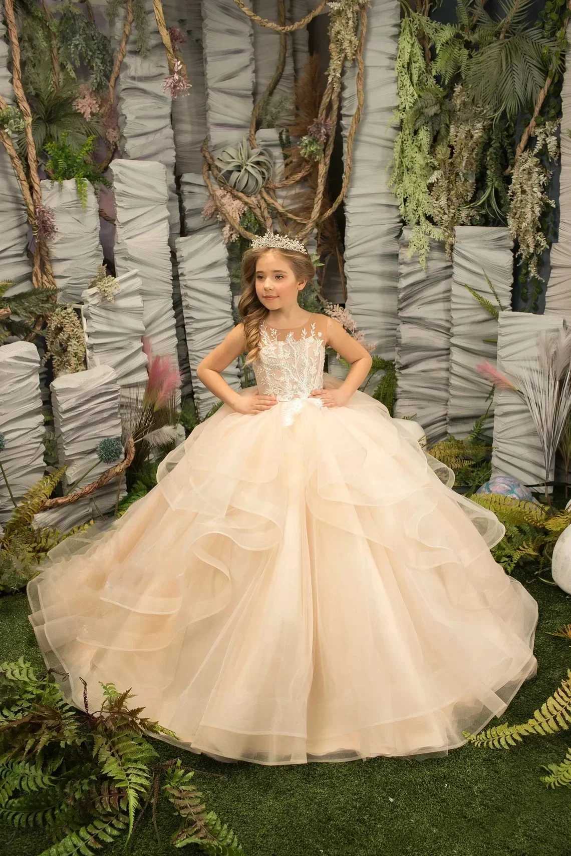Light Champagne Flower Girl Dresses for Weddings Long Appliques Tulle Princess Birthday Party Dress Formal Evening Ball Gown Z250926